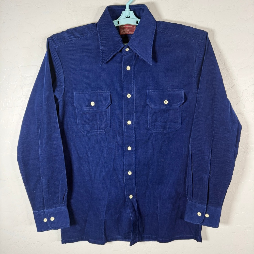 Vintage Kingsport Shirt Mens Medium Blue Corduroy Button Up Long Sleeve 70s